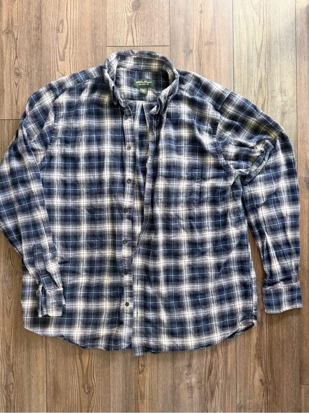Eddie Bauer Navy and White Plaid Button-Down Shirt